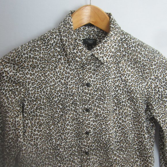 Talbots Womens 6 Petite 6P Brown White Leopard Animal Print Cotton Blouse Shirt - Picture 4 of 11